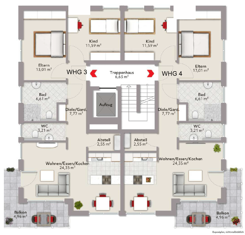 Grundriss 1. OG Haus A - 3 und 4