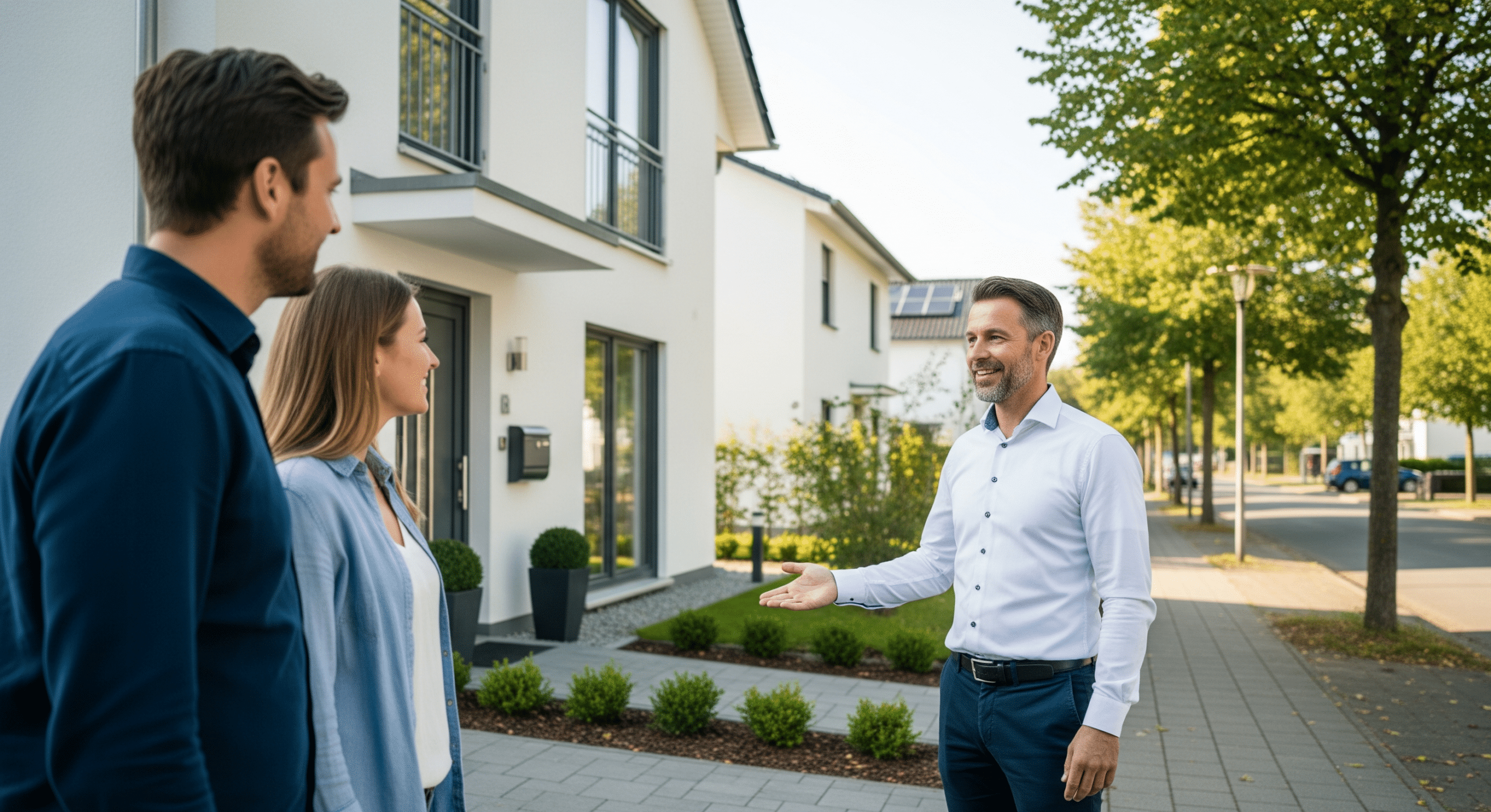 Makler zeigt Hausinteressenten ein gepflegtes Einfamilienhaus bei Tageslicht