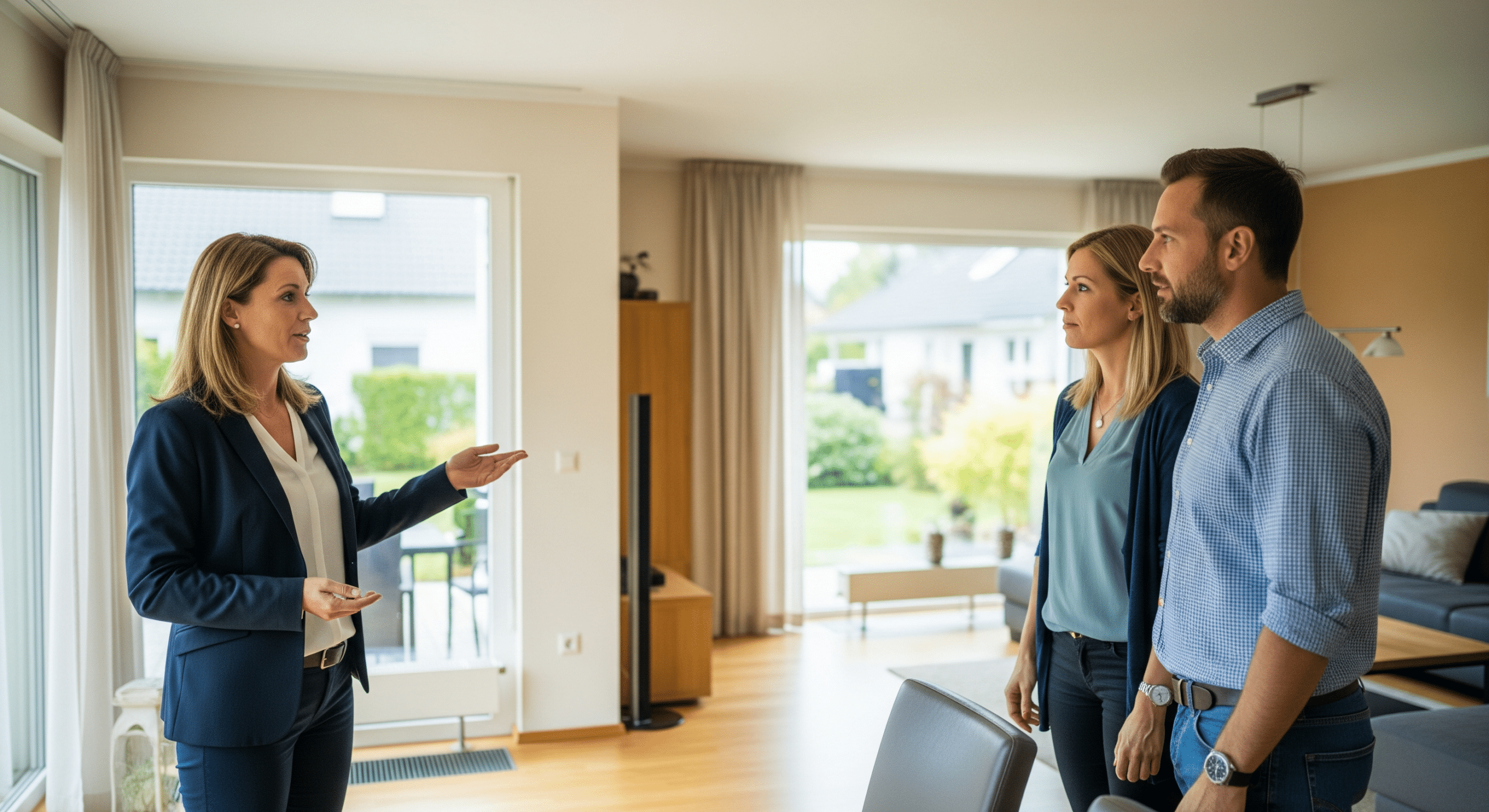 Interessenten besichtigen ein Einfamilienhaus mit Makler in Bielefeld bei Tageslicht