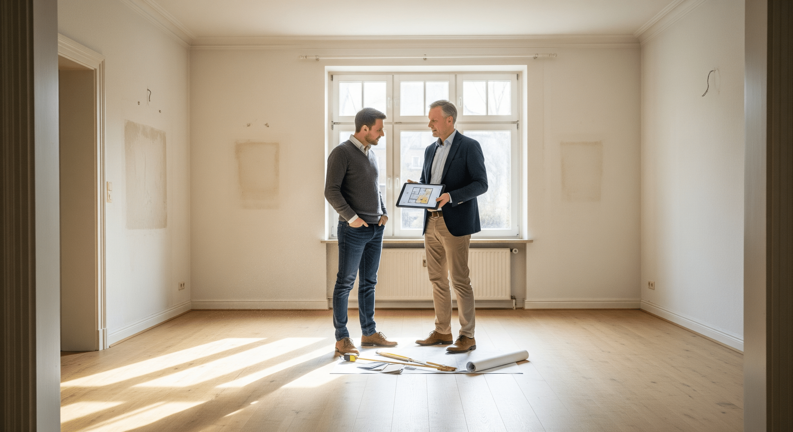 Makler und Eigentümer besprechen Renovierungsmaßnahmen in einem leergeräumten Wohnzimmer