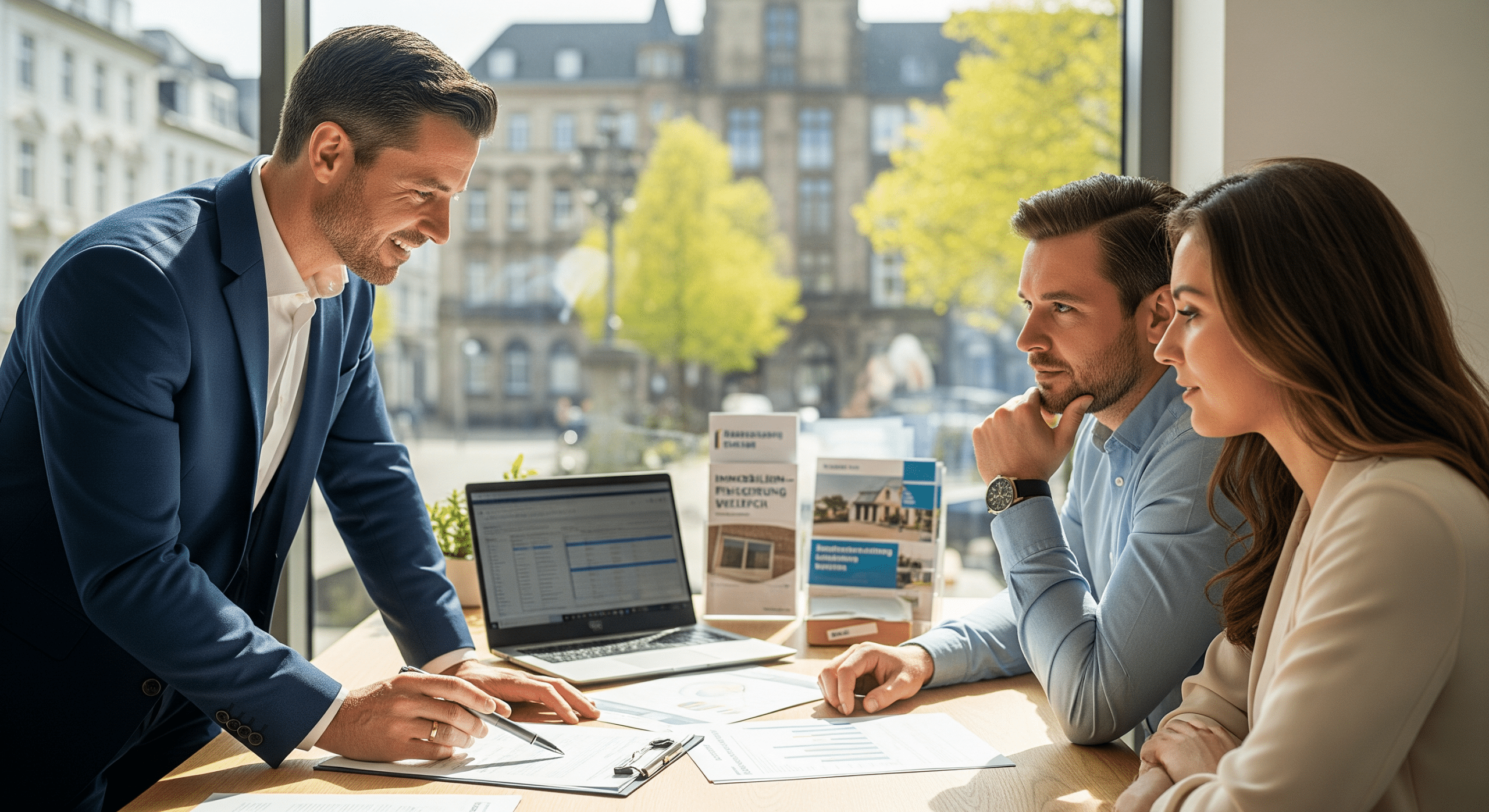 Ein Berater erklärt einem Paar in einem modernen Büro in Bielefeld die Baufinanzierung anhand von Unterlagen