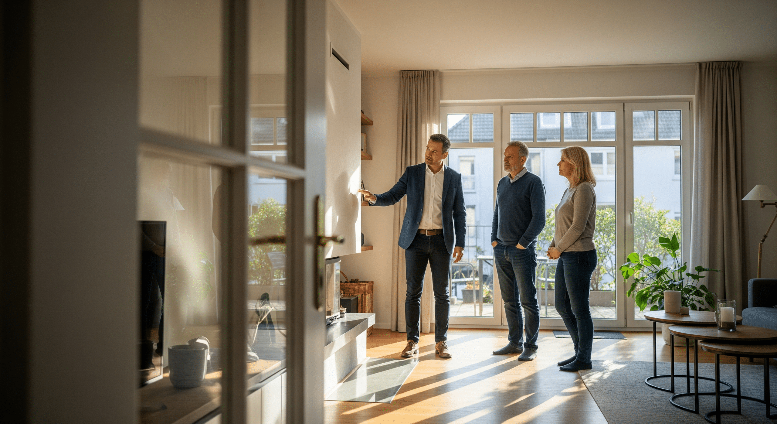Makler und geschiedenes Paar besichtigen gemeinsam ein Einfamilienhaus in Bielefeld