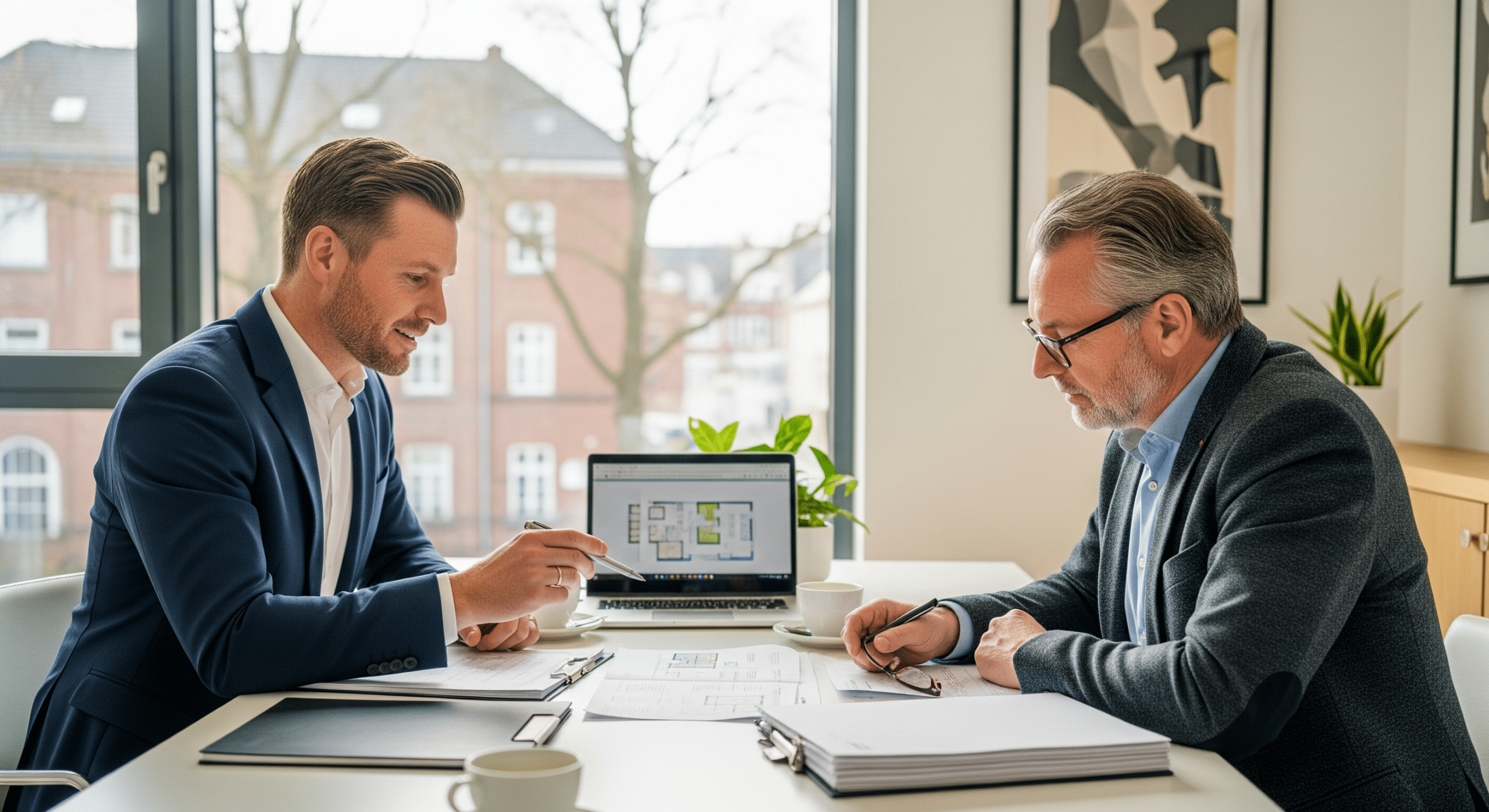 Makler und Eigentümer besprechen Immobilienunterlagen in einem modernen Büro in Herford