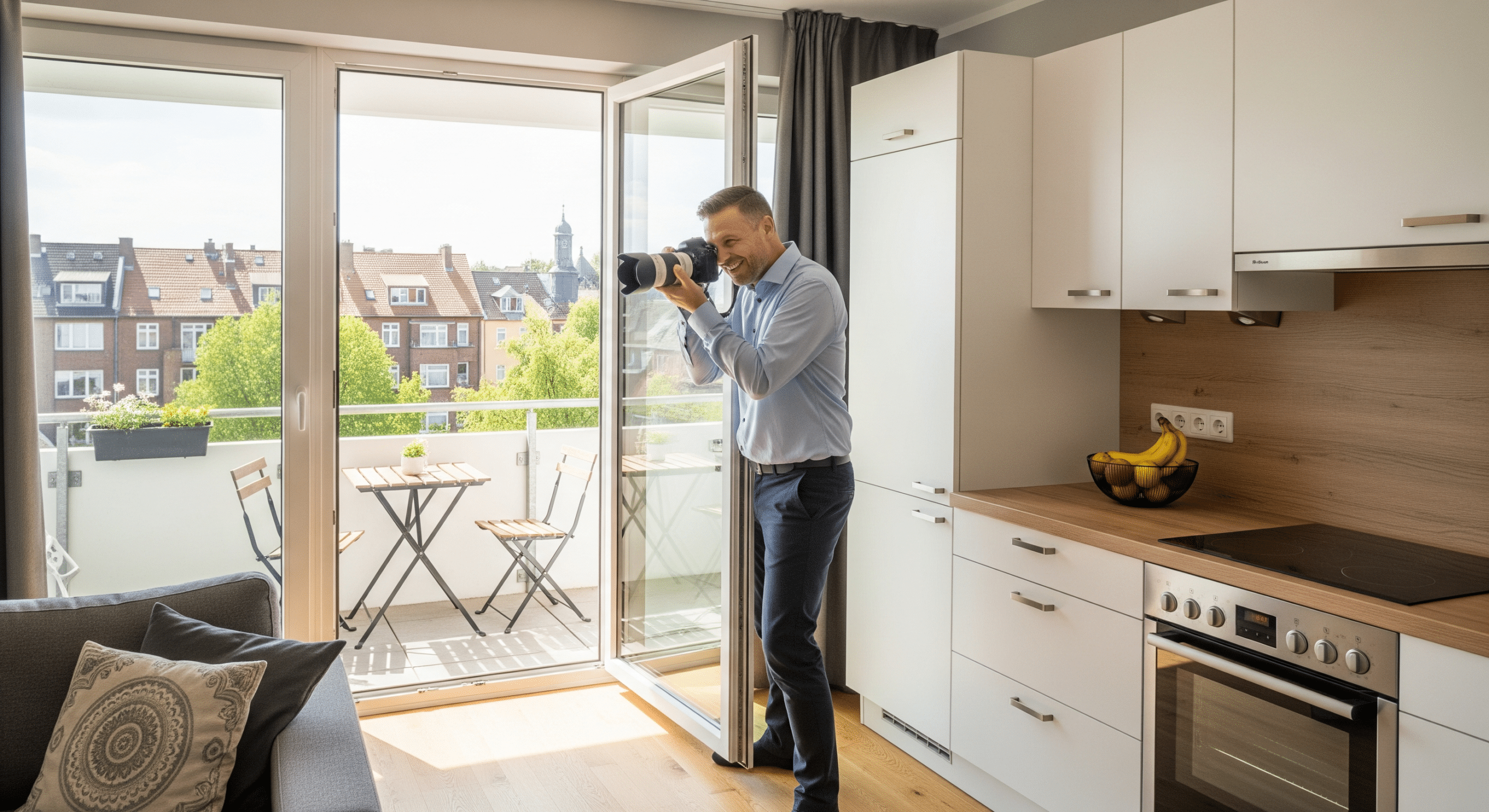 Vermieter fotografiert helle Mietwohnung mit moderner Küche und Balkon in Bielefeld