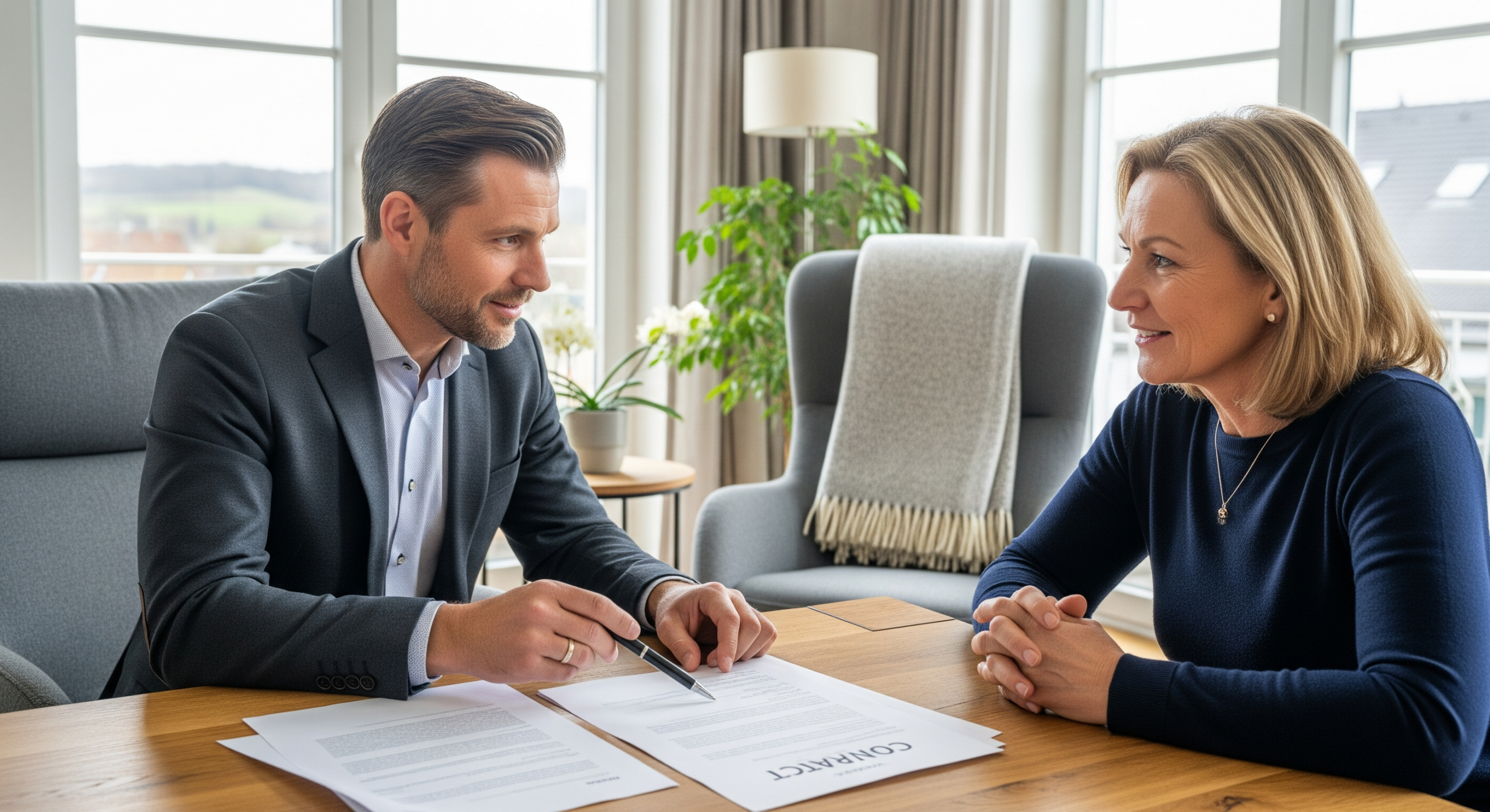 Immobilienmakler erklärt einem Eigentümer Vertragsdetails am Wohnzimmertisch