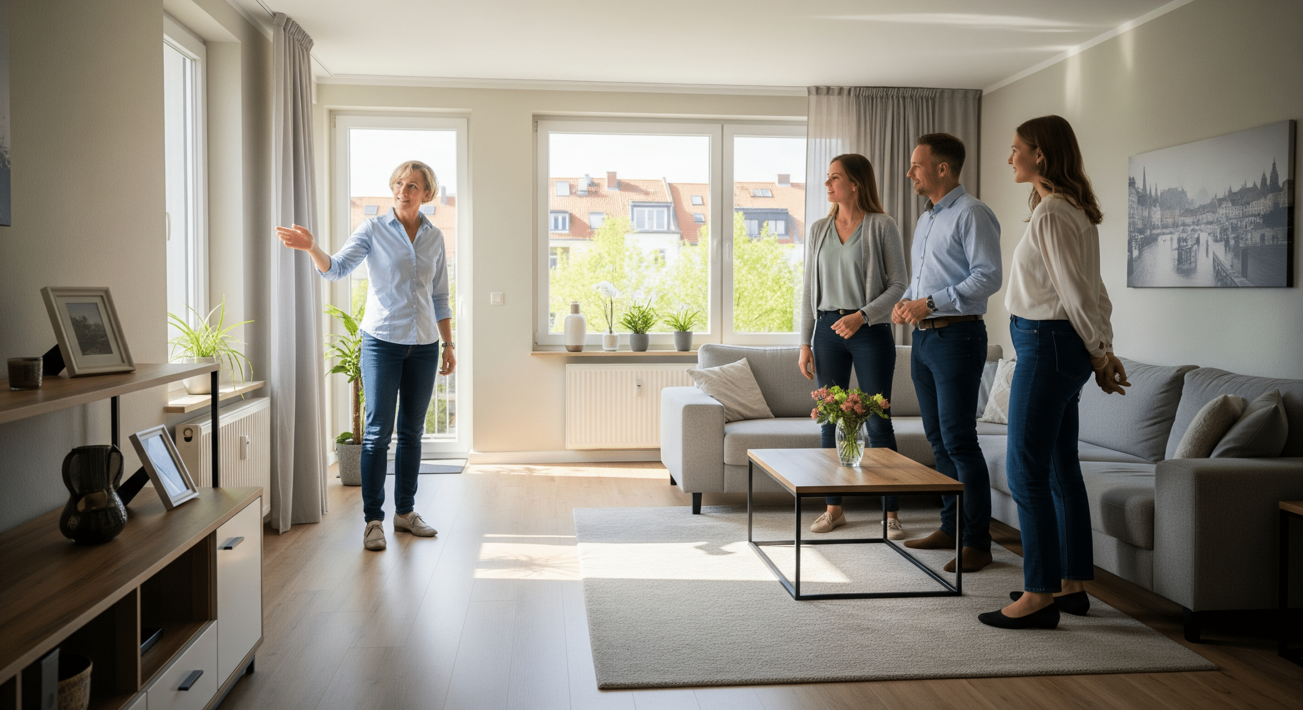 Eigentümer zeigt einer interessierten Familie eine gepflegte Wohnung während einer Besichtigung in Bielefeld