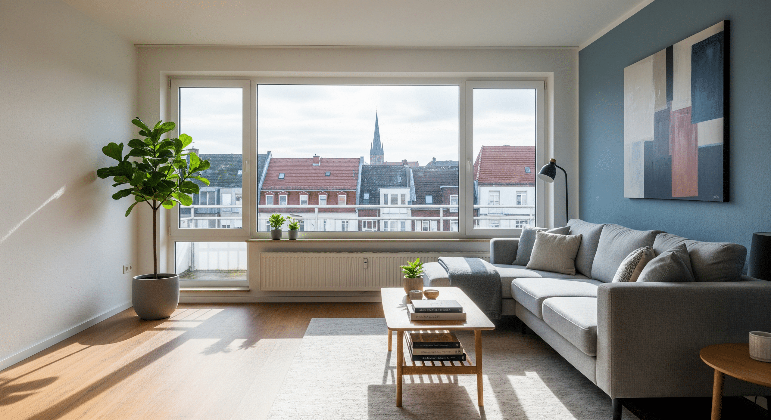 Helle, modern eingerichtete Eigentumswohnung mit großer Fensterfront und aufgeräumtem Wohnzimmer in Bielefeld