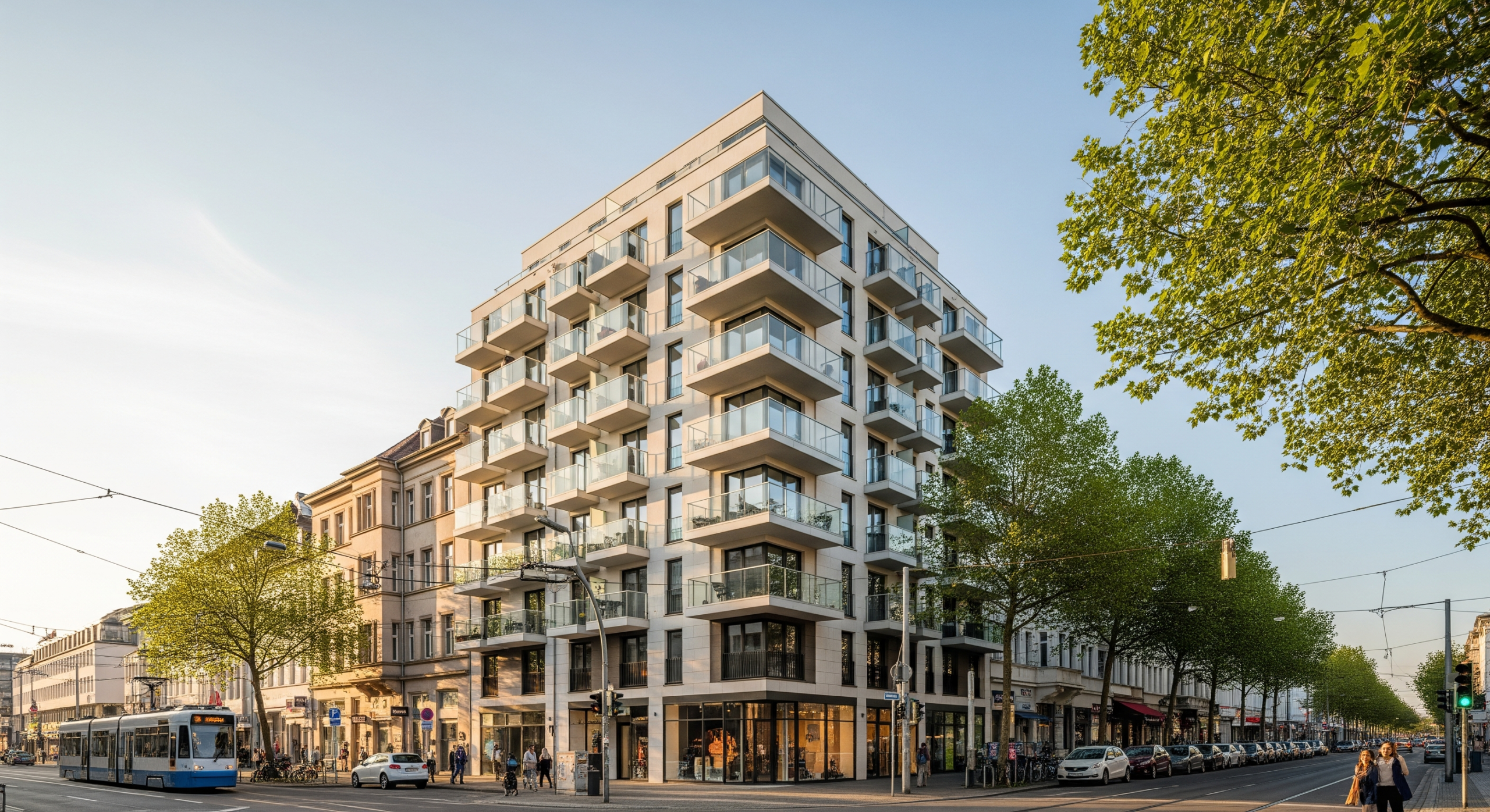 Modernes Mehrfamilienhaus in der Bielefelder Innenstadt mit Balkonen und belebter Straße