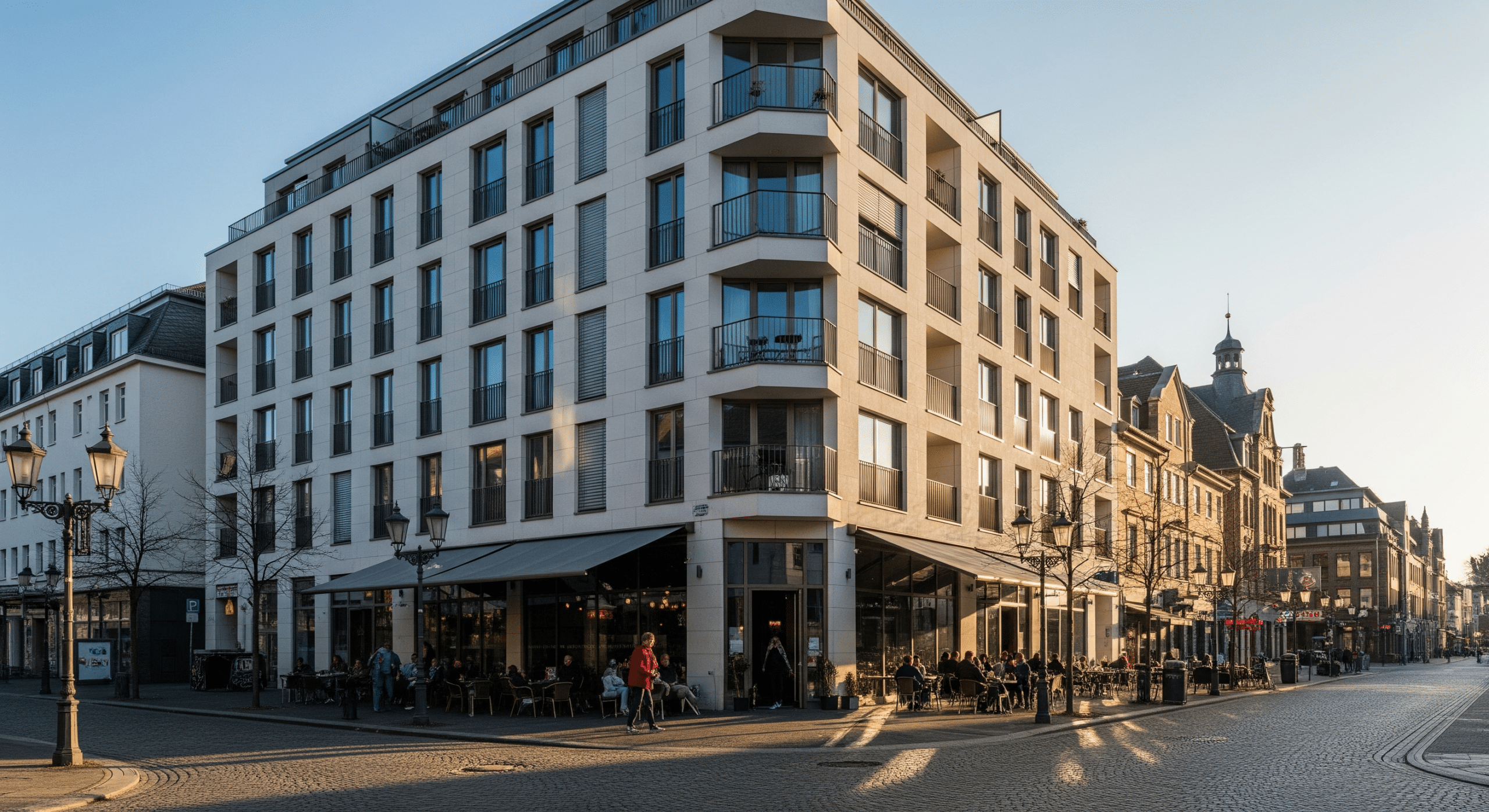 Modernes Wohnhaus in der Bielefelder Innenstadt mit Fußgängern und Cafés