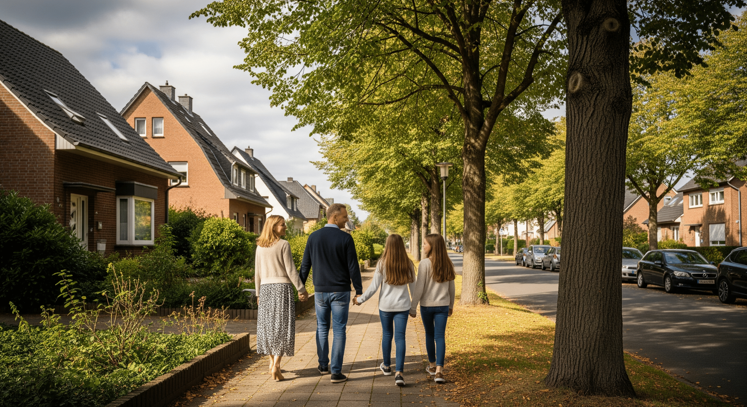 Familie spaziert durch ruhiges Wohngebiet mit Einfamilienhäusern und Bäumen in Herford
