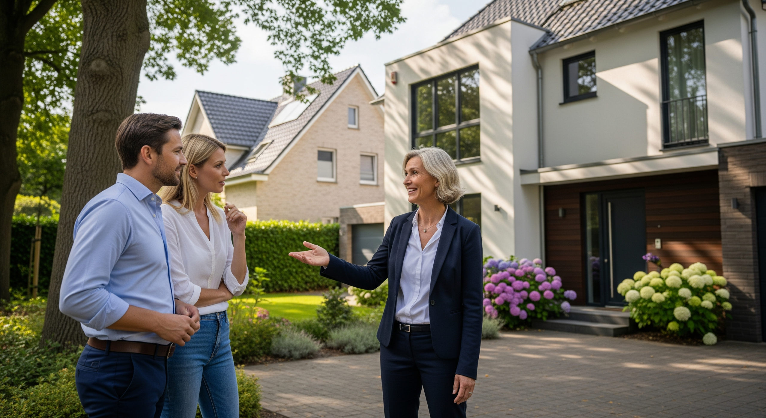 Familie besichtigt ein Einfamilienhaus mit Makler in ruhiger Wohnlage in Herford
