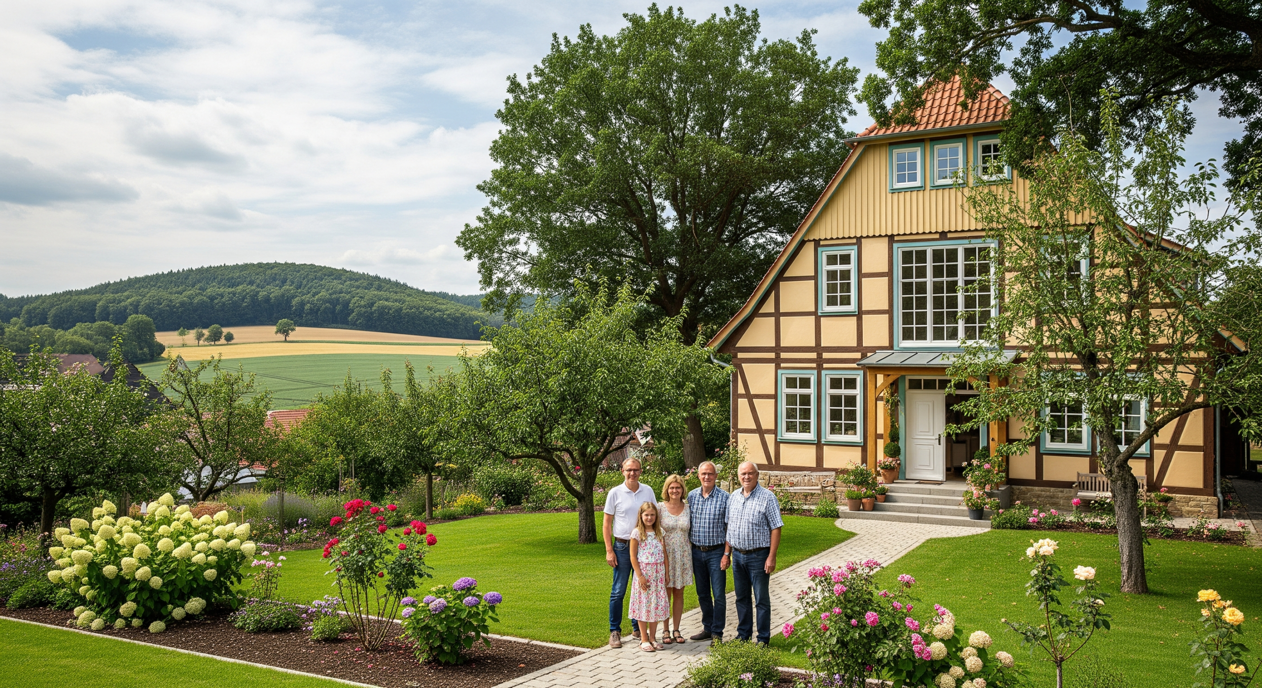 Familie vor modernisiertem Fachwerkhaus mit großem Garten in ländlicher Umgebung