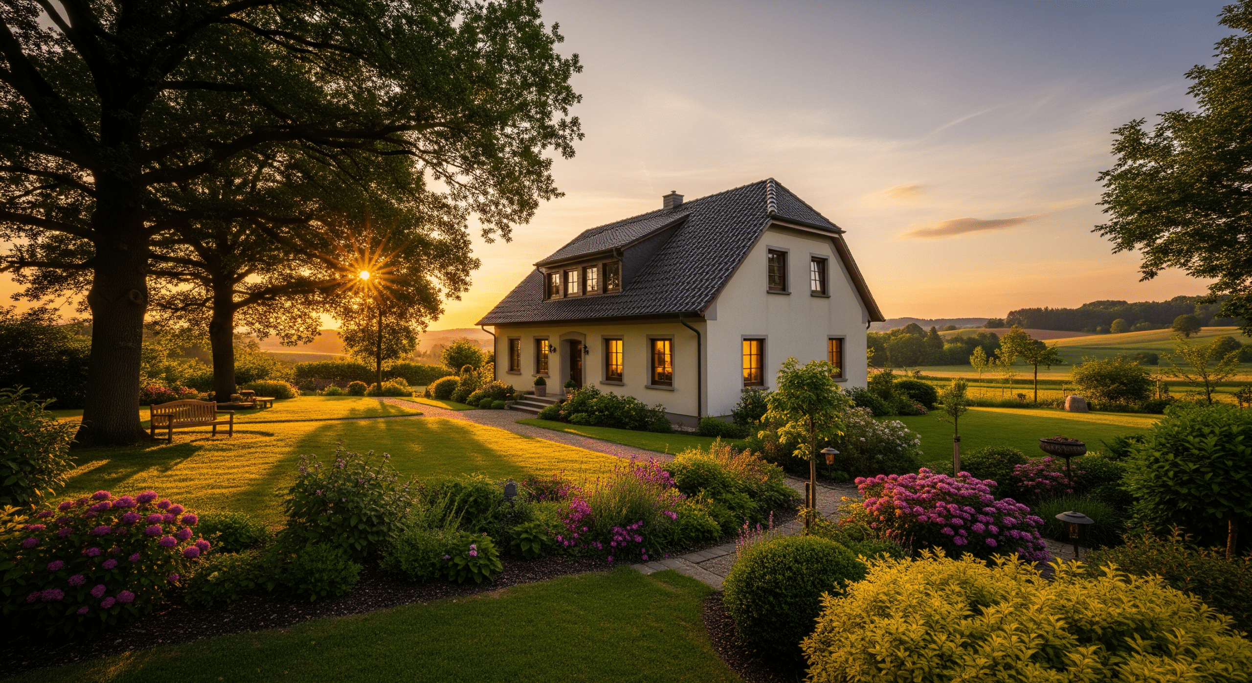 Idyllisches Einfamilienhaus mit großem Garten in einer ländlichen OWL-Region bei Sonnenuntergang