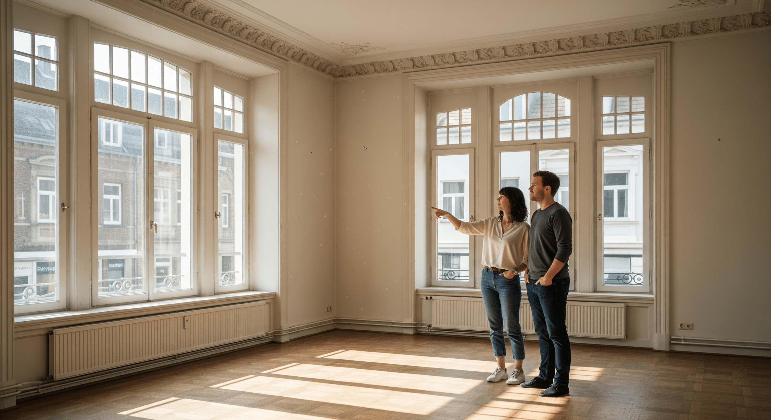 Junges Paar besichtigt gemeinsam eine Altbauwohnung mit hohen Decken und großen Fenstern