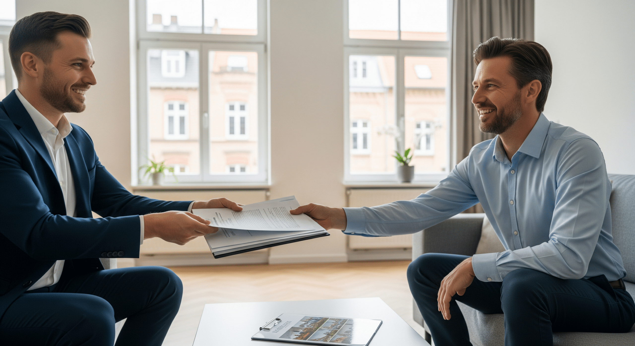Makler übergibt Hausunterlagen an Eigentümer im modernen Wohnzimmer während Verkaufsberatung