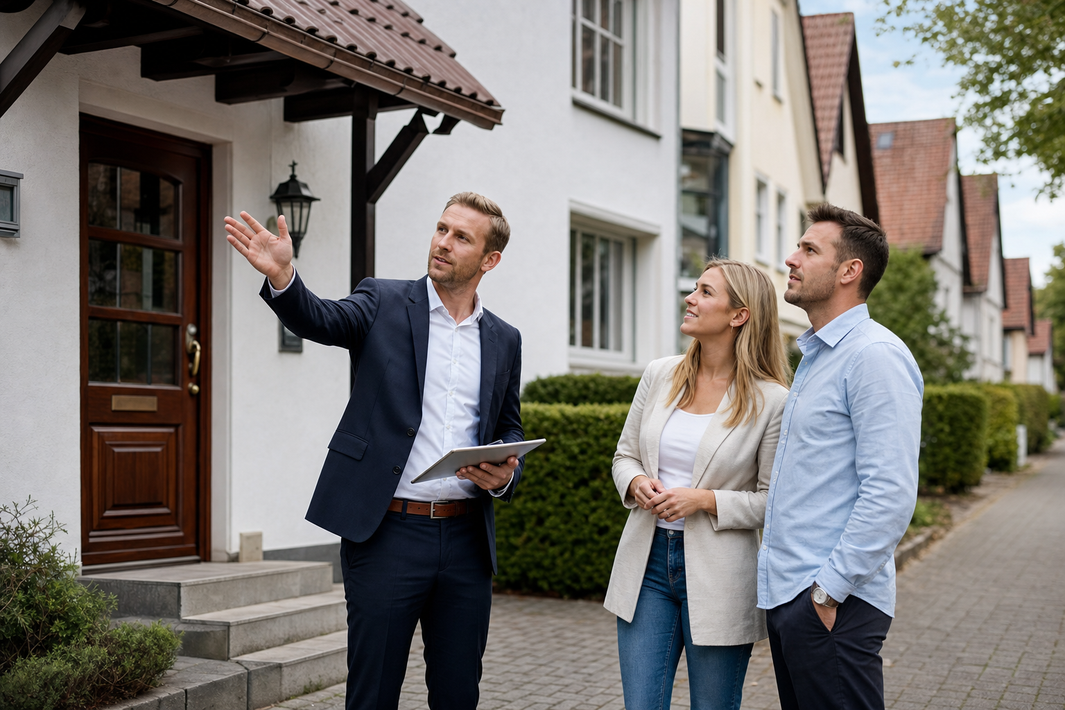 Immobilienmakler zeigt Interessenten ein gepflegtes Wohnhaus in einer ruhigen Detmolder Wohngegend