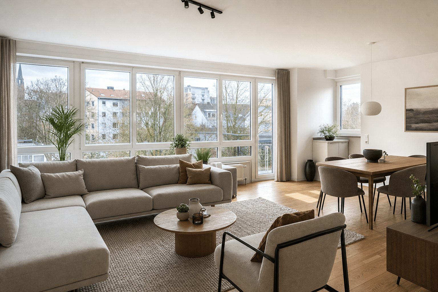 Modern eingerichtetes Wohnzimmer mit großen Fenstern und Tageslicht in einer Bielefelder Eigentumswohnung