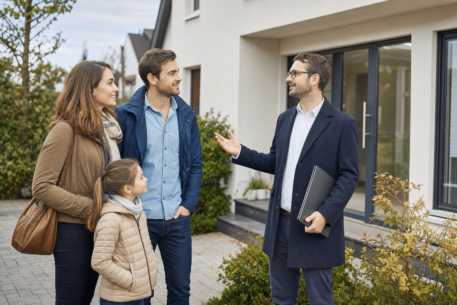 Familie besichtigt gemeinsam mit einem Immobilienmakler ein Einfamilienhaus in Bielefeld