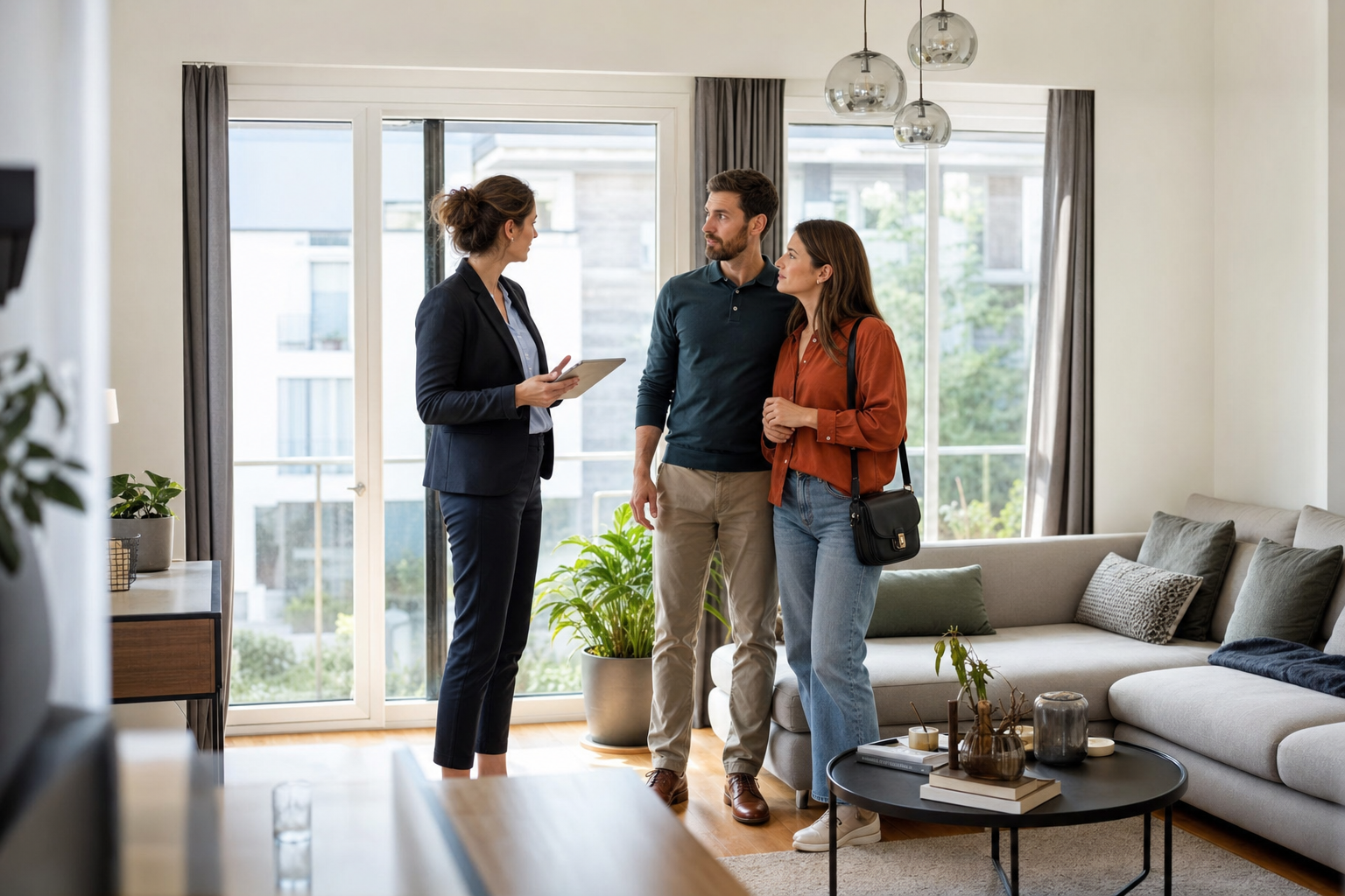Helles Wohnzimmer mit modernem Sofa, Pflanzen und dekorierten Accessoires für Home Staging