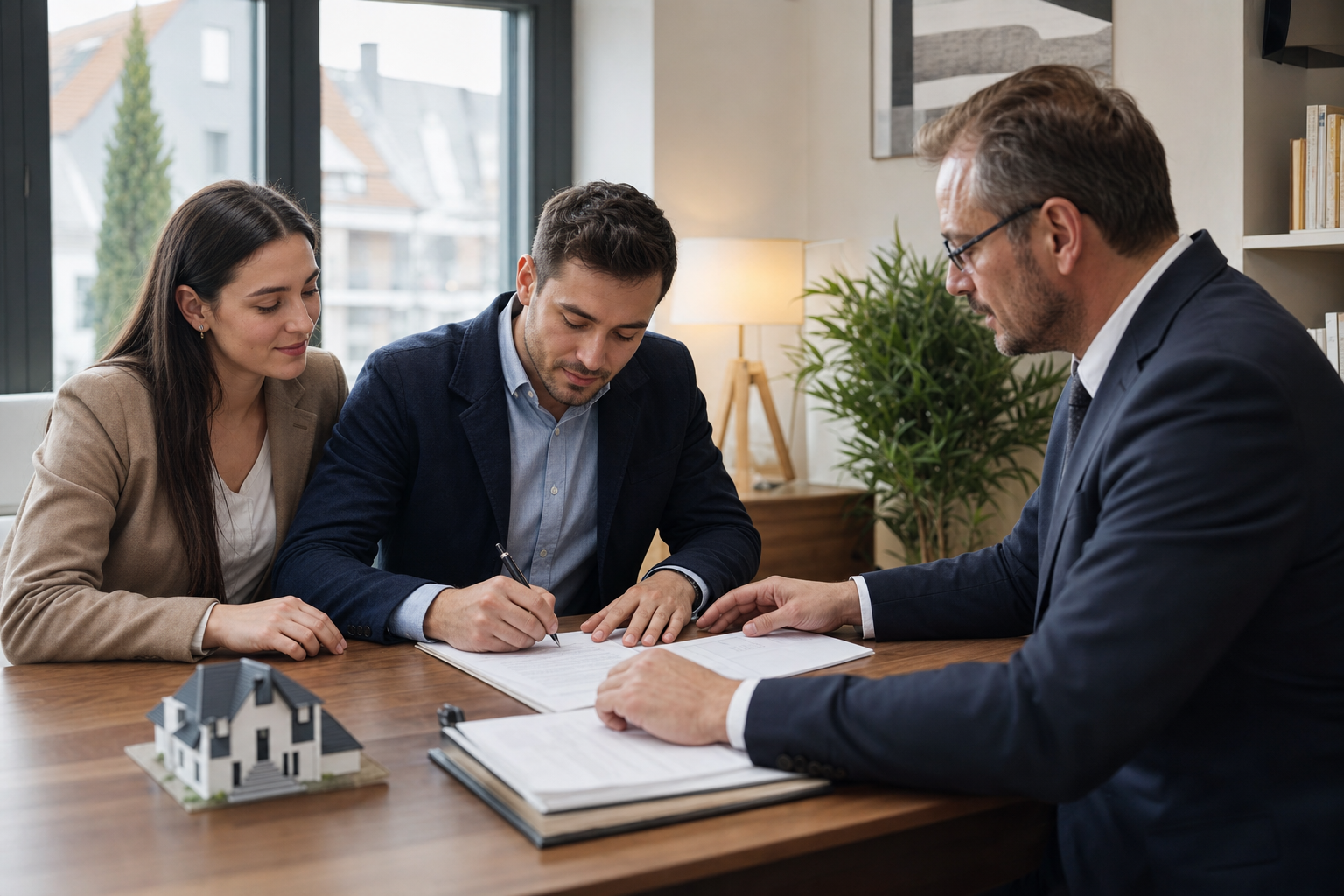 Notartermin mit Verkäufer und Käufer bei der Unterzeichnung eines Immobilienvertrags in einem Büro