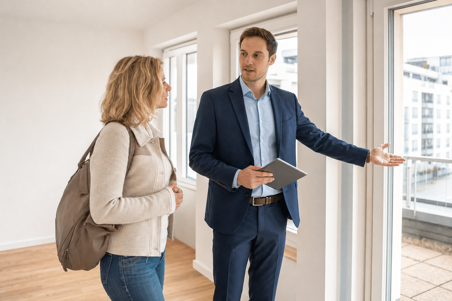 Hausbesitzer spricht mit Makler bei Wohnungsbesichtigung in Paderborn