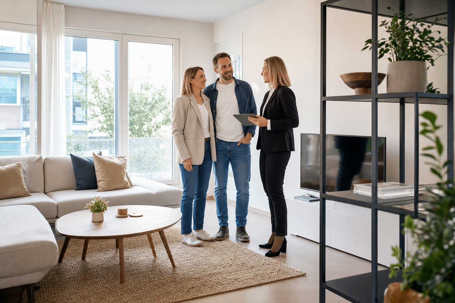 Modern eingerichtetes Wohnzimmer mit neutraler Dekoration und viel Tageslicht