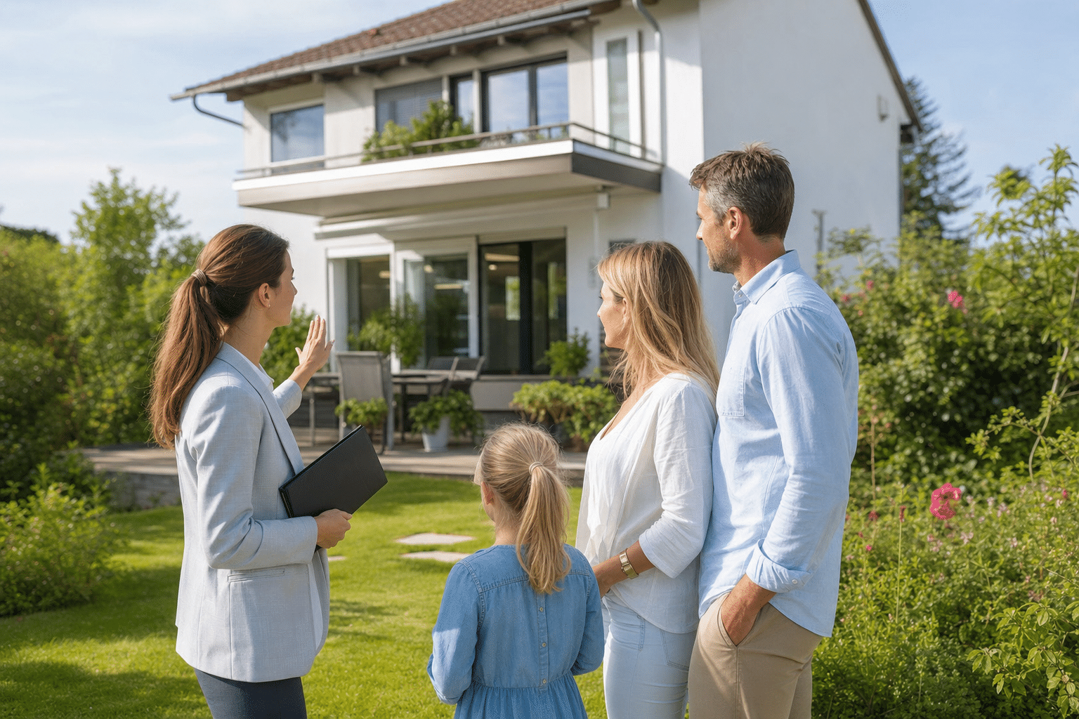 Familie besichtigt ein Einfamilienhaus im Garten mit Makler bei sonnigem Wetter