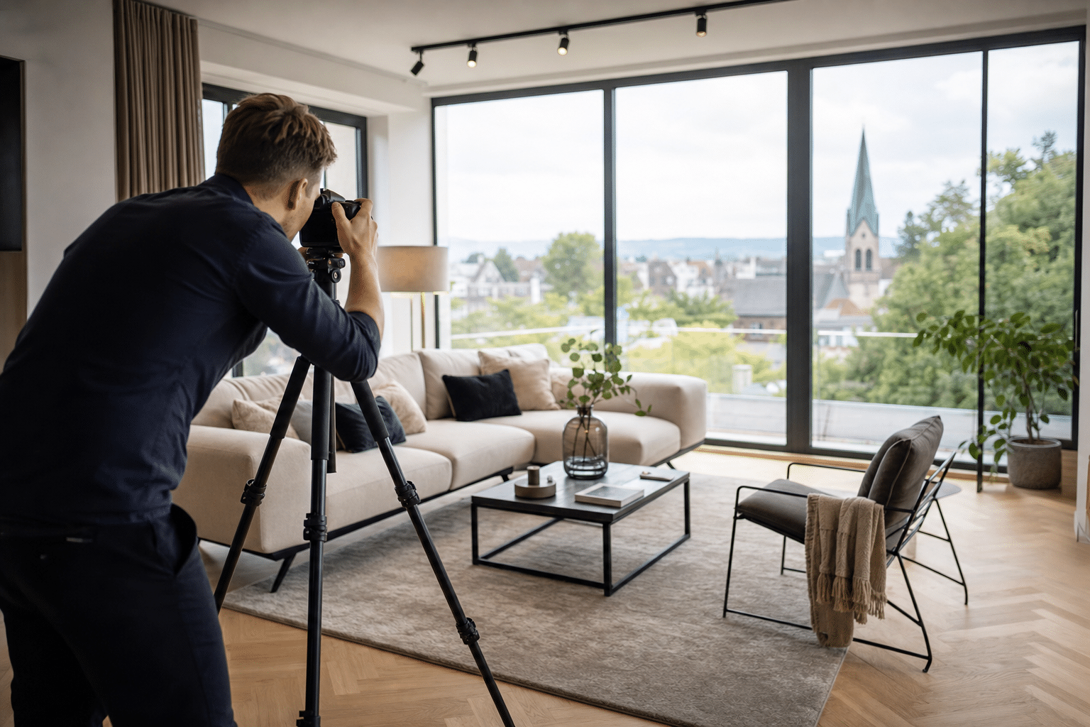 Makler fotografiert ein modern eingerichtetes Wohnzimmer mit großer Fensterfront