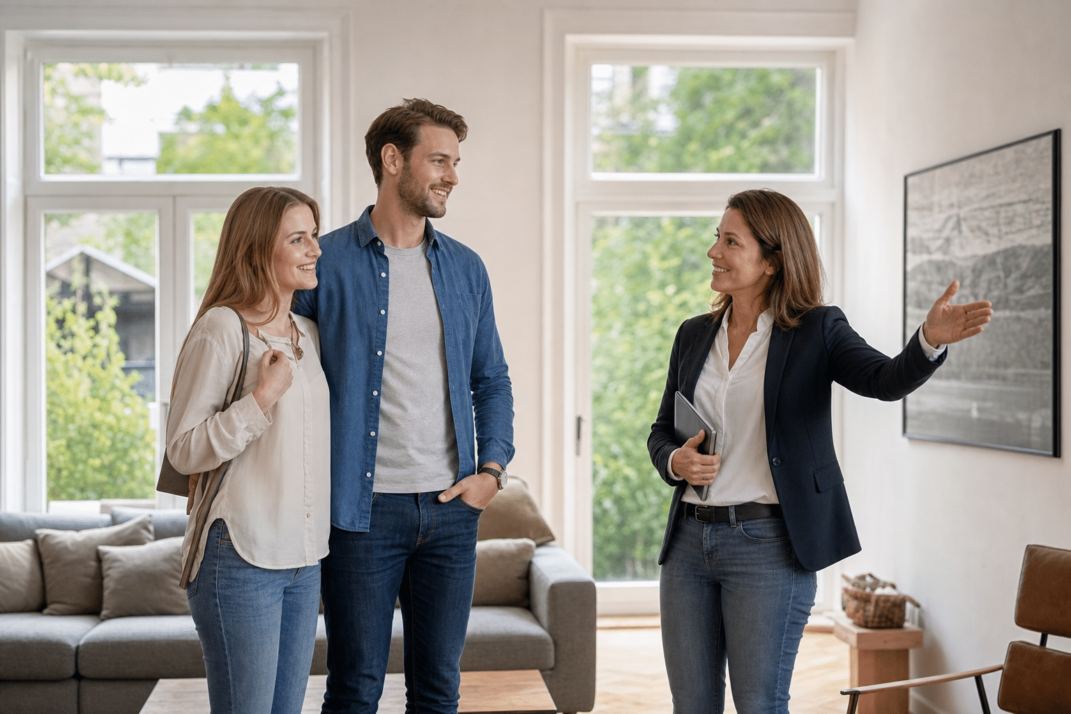 Helles Wohnzimmer mit moderner Einrichtung und großen Fenstern bei Tageslicht