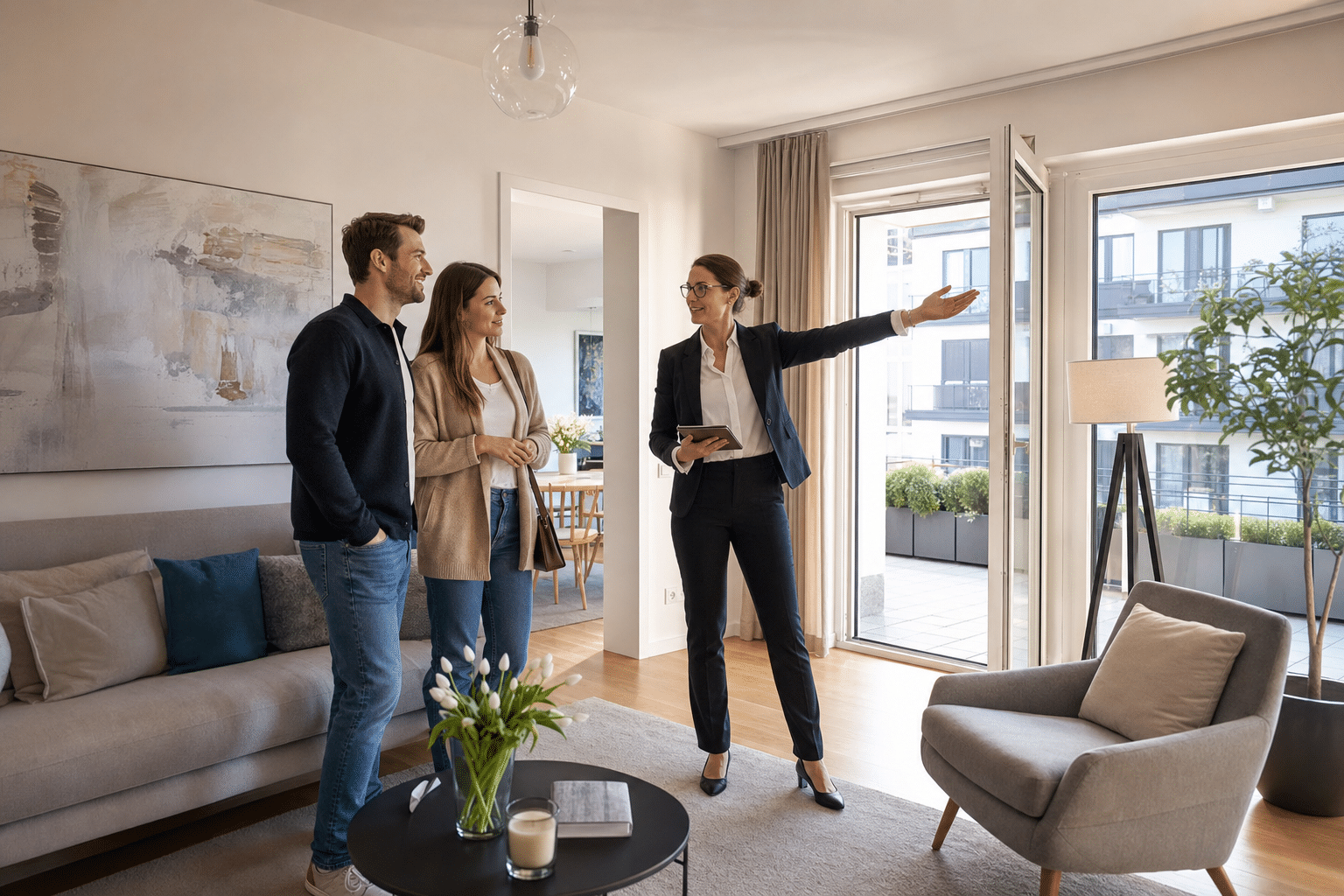 Helles Wohnzimmer mit modernem Home Staging und dekorierten Möbeln für Besichtigung