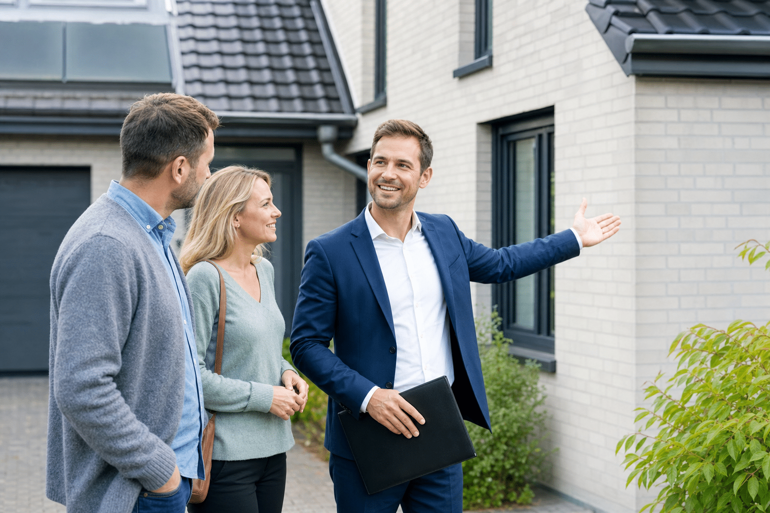 Hausbesichtigung mit Makler und Interessenten vor einem Einfamilienhaus in Herford