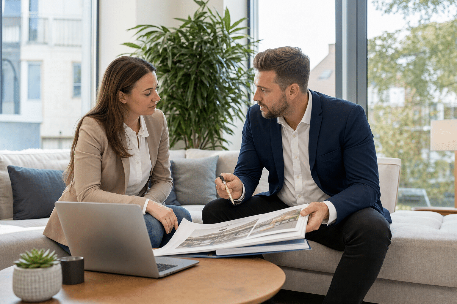 Makler und Eigentümer im Beratungsgespräch in einem modernen Wohnzimmer in Herford