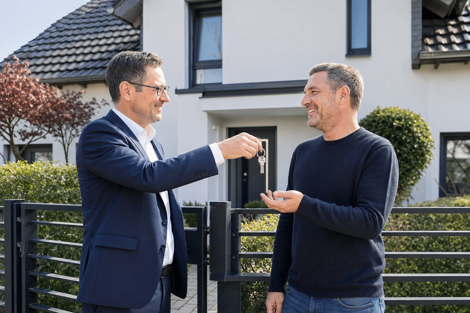 Makler übergibt Schlüssel an Verkäufer vor Einfamilienhaus in Gütersloh