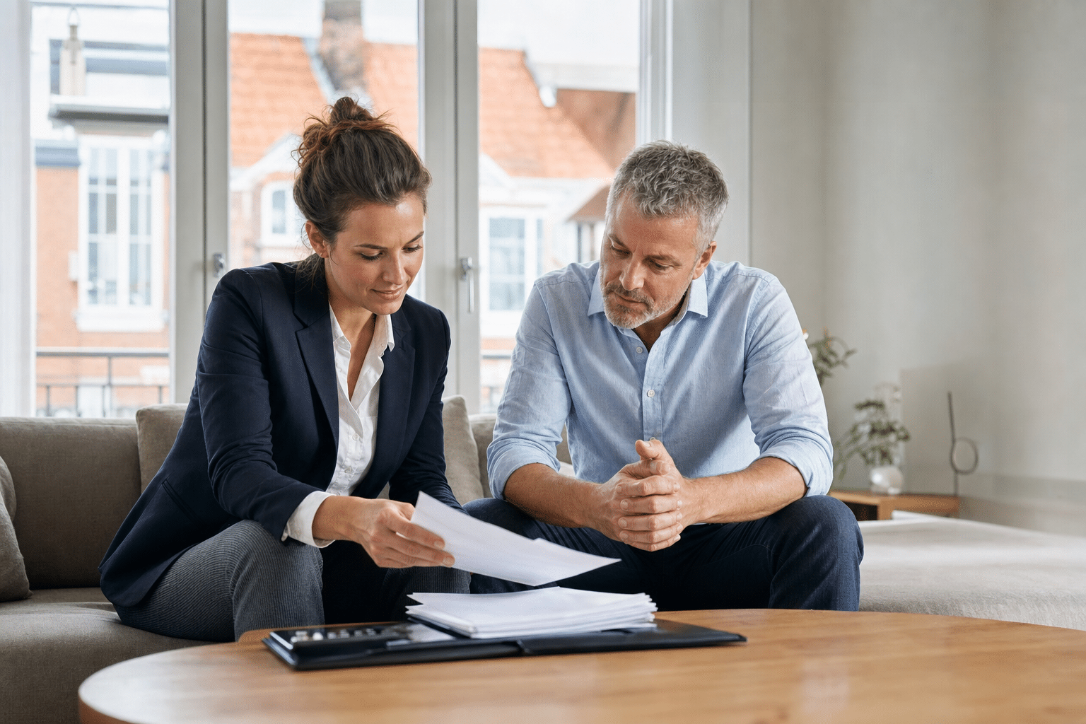 Makler und Eigentümer besprechen Immobilienunterlagen in einem hellen Wohnzimmer