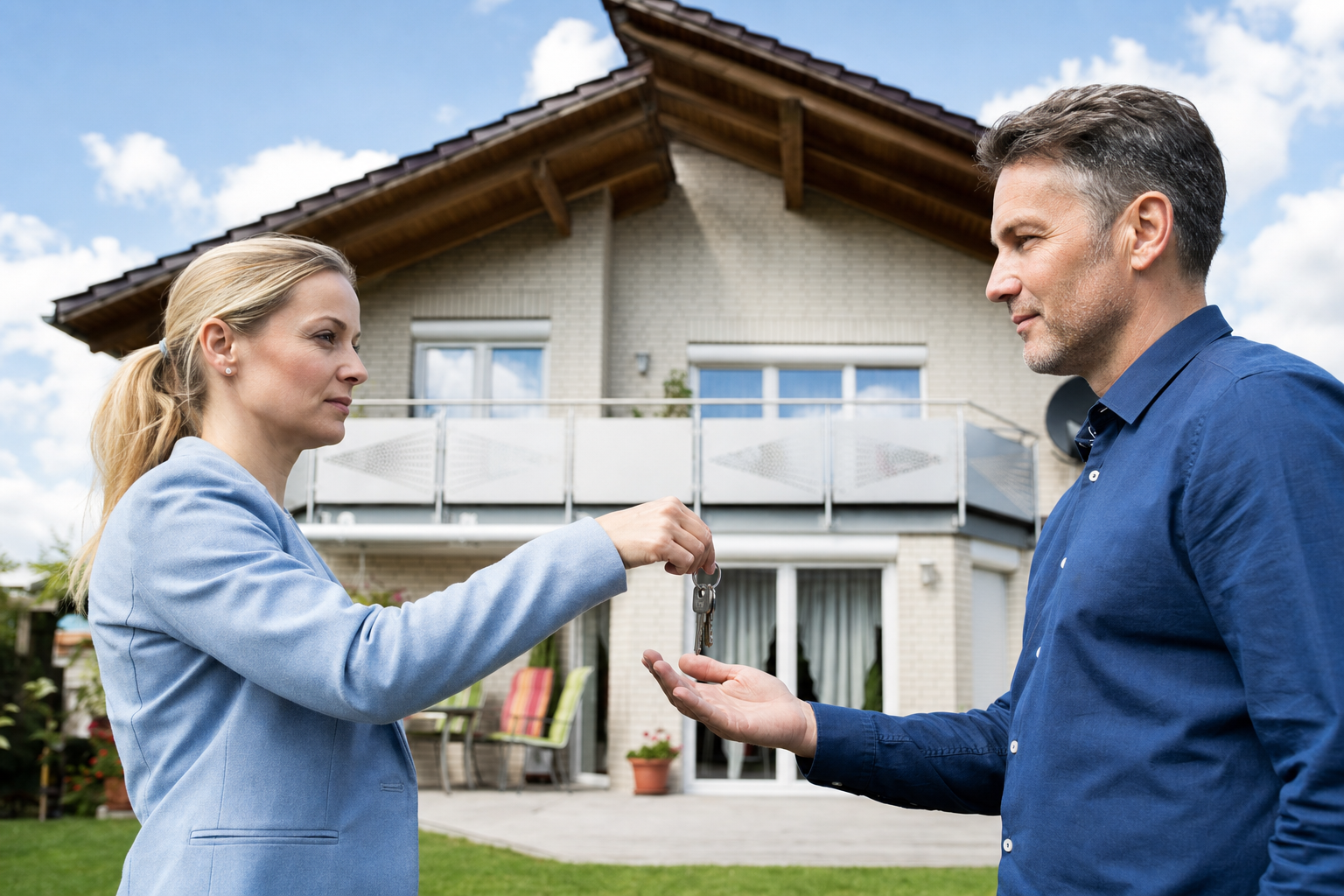 Geschiedenes Paar bei der Schlüsselübergabe vor einem Einfamilienhaus