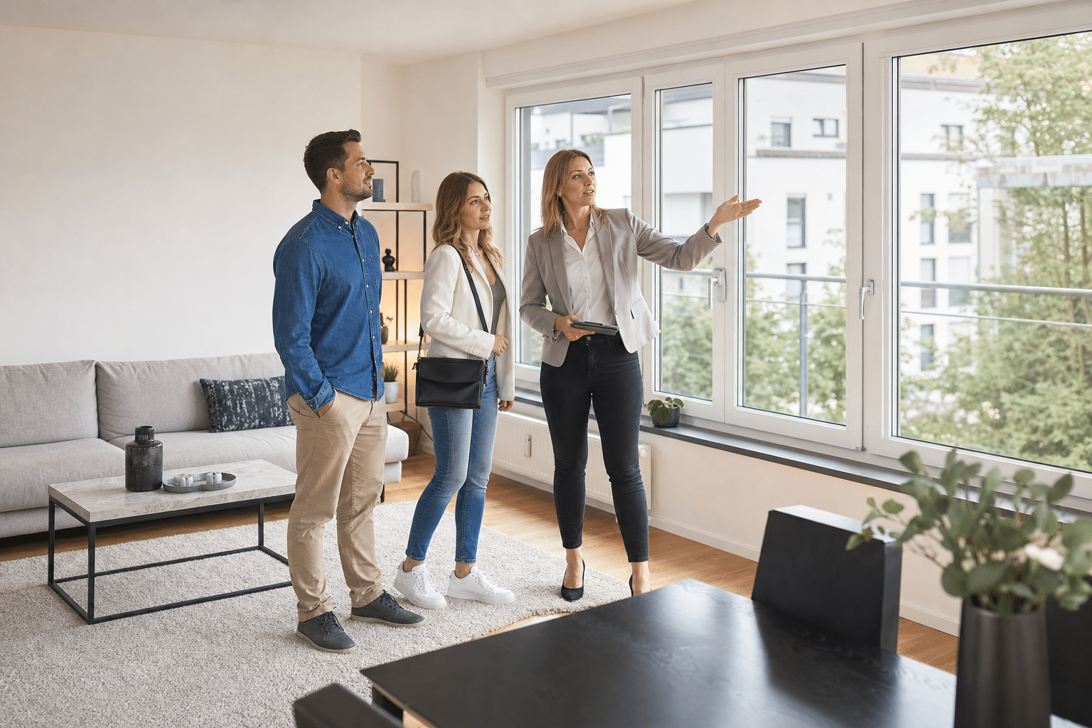 Interessenten besichtigen ein helles Wohnzimmer mit großen Fenstern und moderner Einrichtung