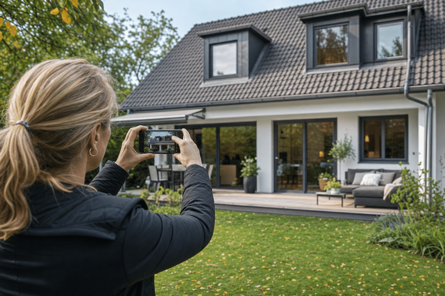 Eigentümer fotografiert sein Haus für ein Immobilieninserat im Garten