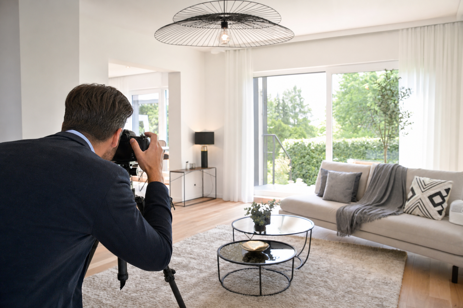 Makler fotografiert ein modern eingerichtetes Wohnzimmer für ein Immobilienexposé