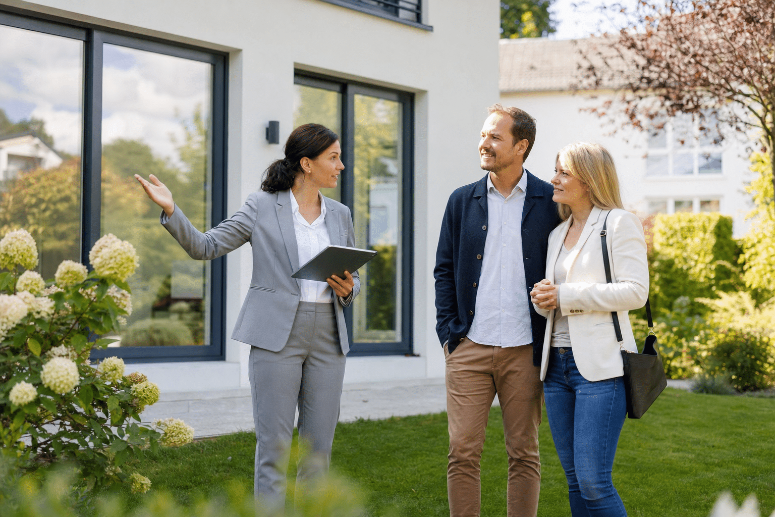 Immobilienmaklerin führt ein Paar durch den Garten eines Wohnhauses in Bad Salzuflen