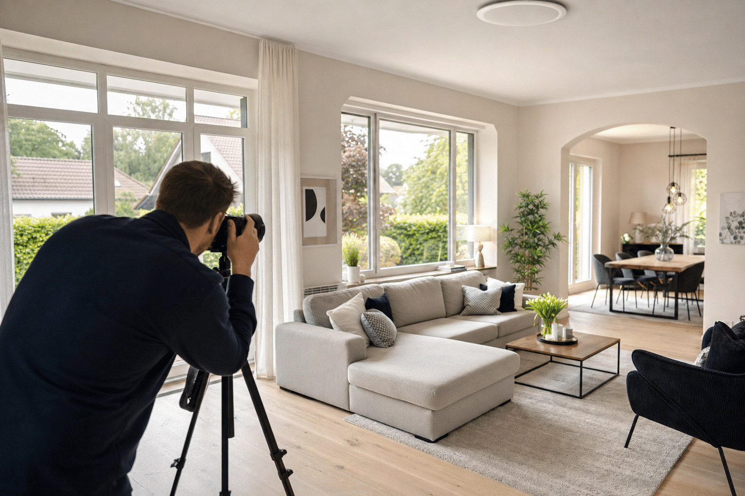 Immobilienfotografin fotografiert ein helles Wohnzimmer in einem Einfamilienhaus in Bad Salzuflen