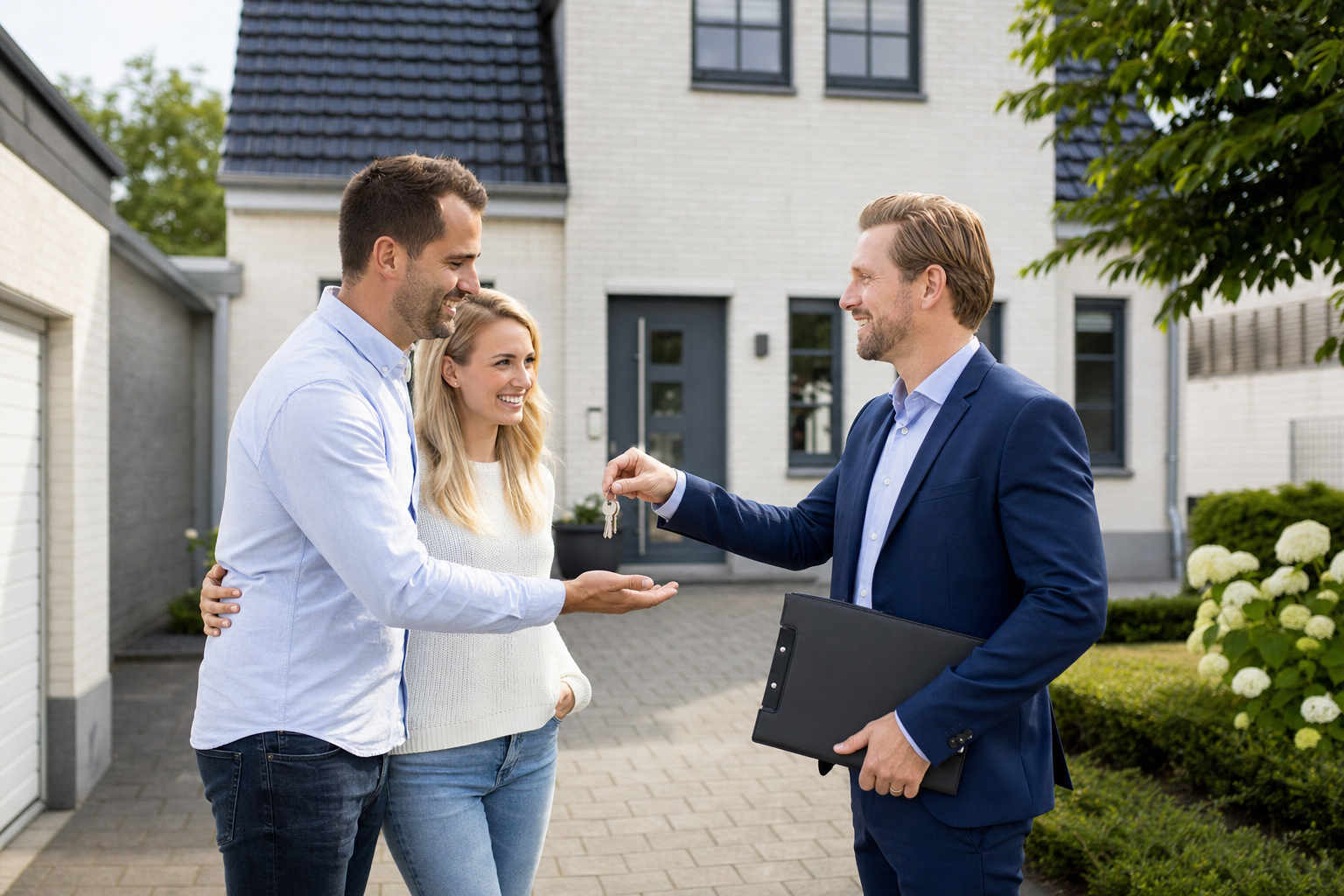 Immobilienmakler übergibt Schlüssel an Käufer vor Einfamilienhaus in Ostwestfalen