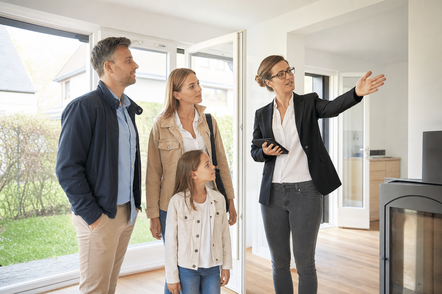 Familie besichtigt gemeinsam mit einem Makler ein Einfamilienhaus in Ostwestfalen