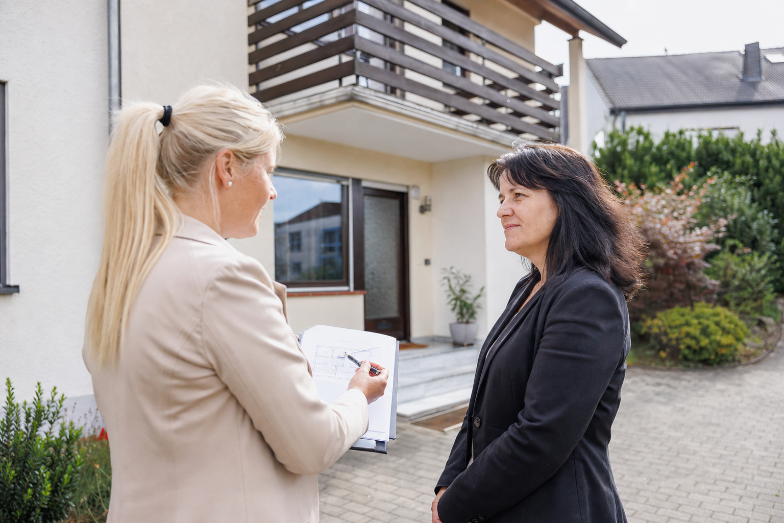 Immobilienmaklerin bespricht mit einem Eigentümer den Angebotspreis eines Einfamilienhauses