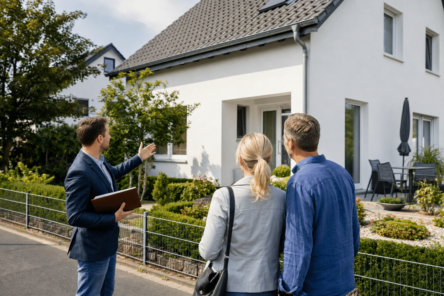 Kaufinteressenten besichtigen gemeinsam mit einem Makler ein Einfamilienhaus in Bad Salzuflen