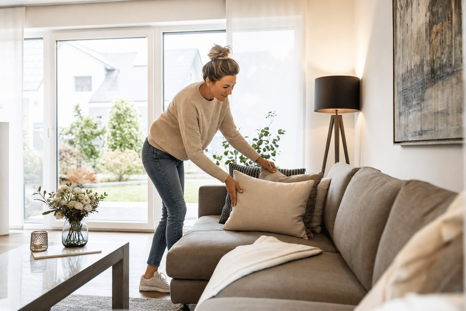Eigentümerin richtet ein helles Wohnzimmer für den Immobilienverkauf in Bad Salzuflen her