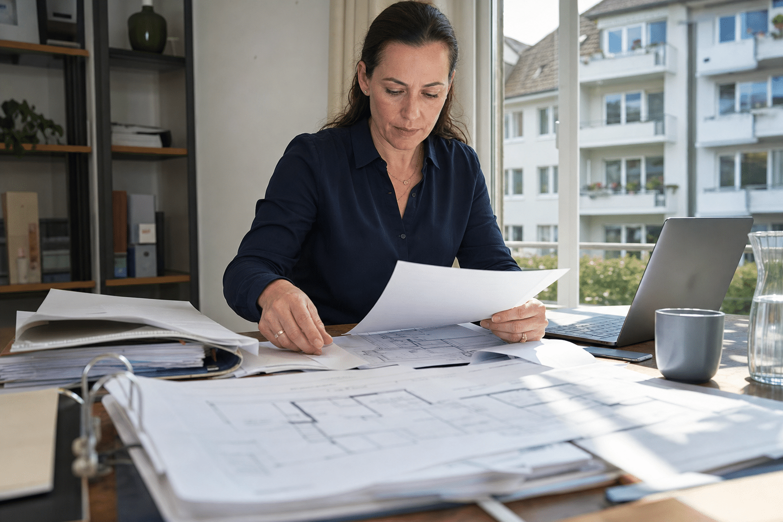 Eigentümerin sortiert Baupläne und Grundbuchunterlagen an einem Schreibtisch