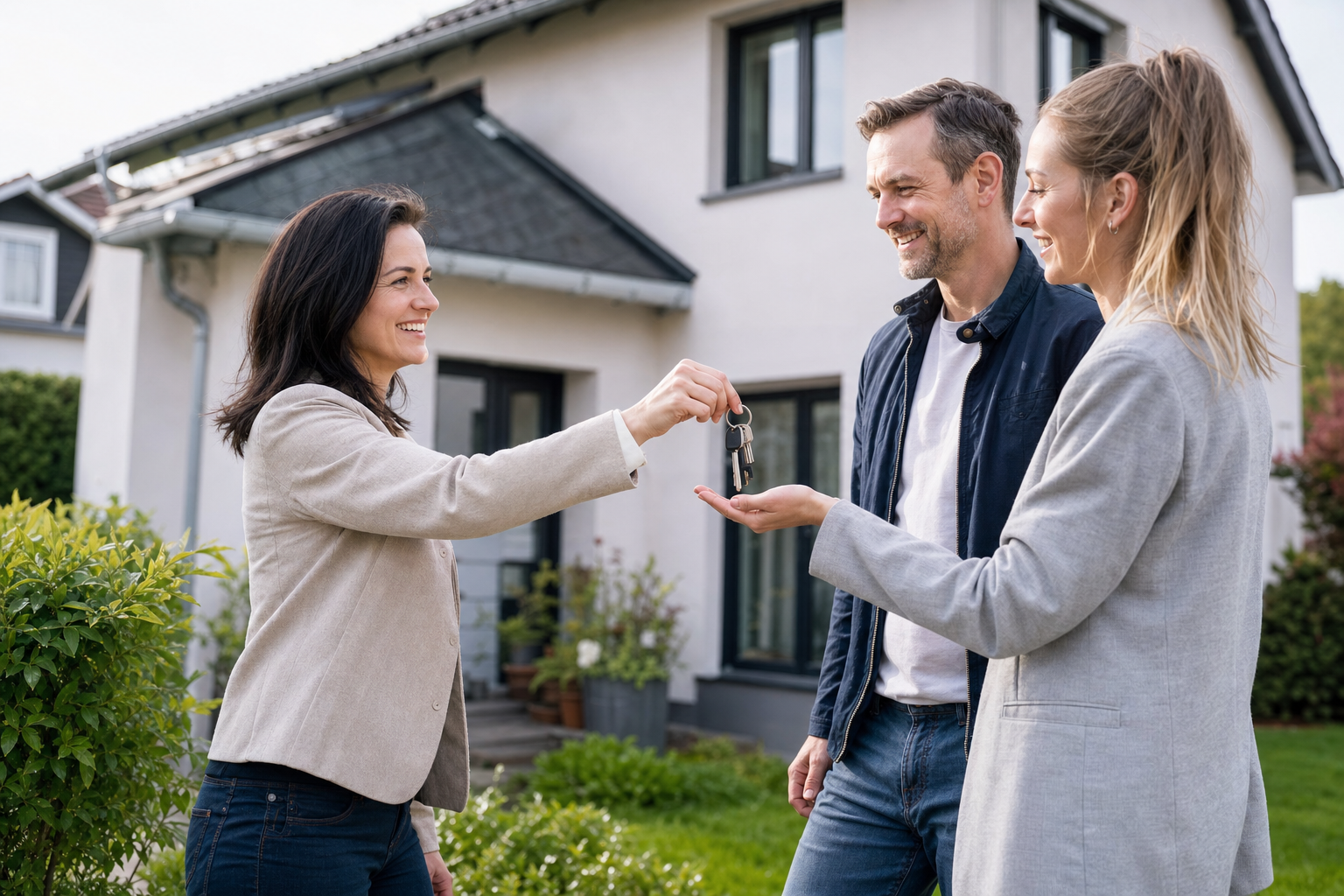 Verkäuferin und Käufer bei der Schlüsselübergabe vor einem Einfamilienhaus