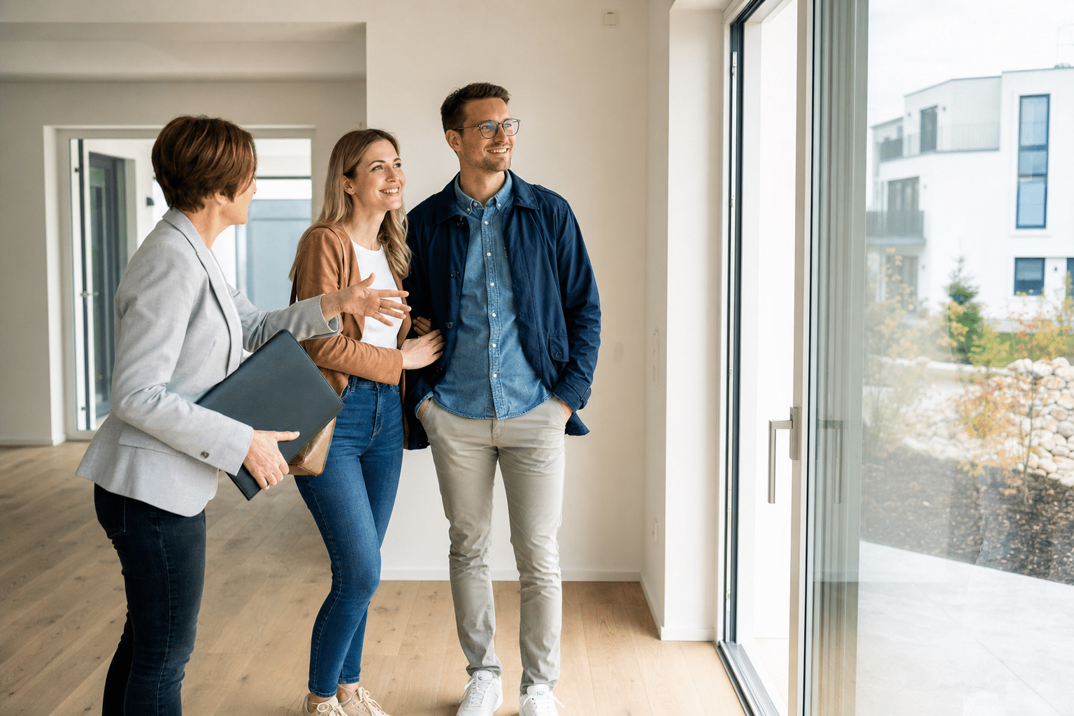 Verkäufer und Käufer kontrollieren gemeinsam Räume bei der Schlüsselübergabe eines Hauses