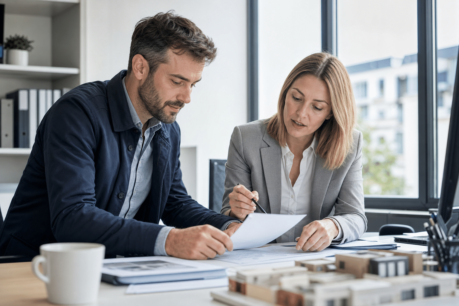 Eigentümer und Steuerberaterin besprechen Mietunterlagen in einem Büro