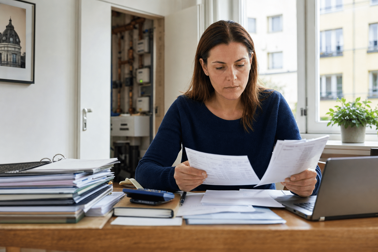 Vermieterin prüft Rechnungen und Zählerstände an einem Schreibtisch